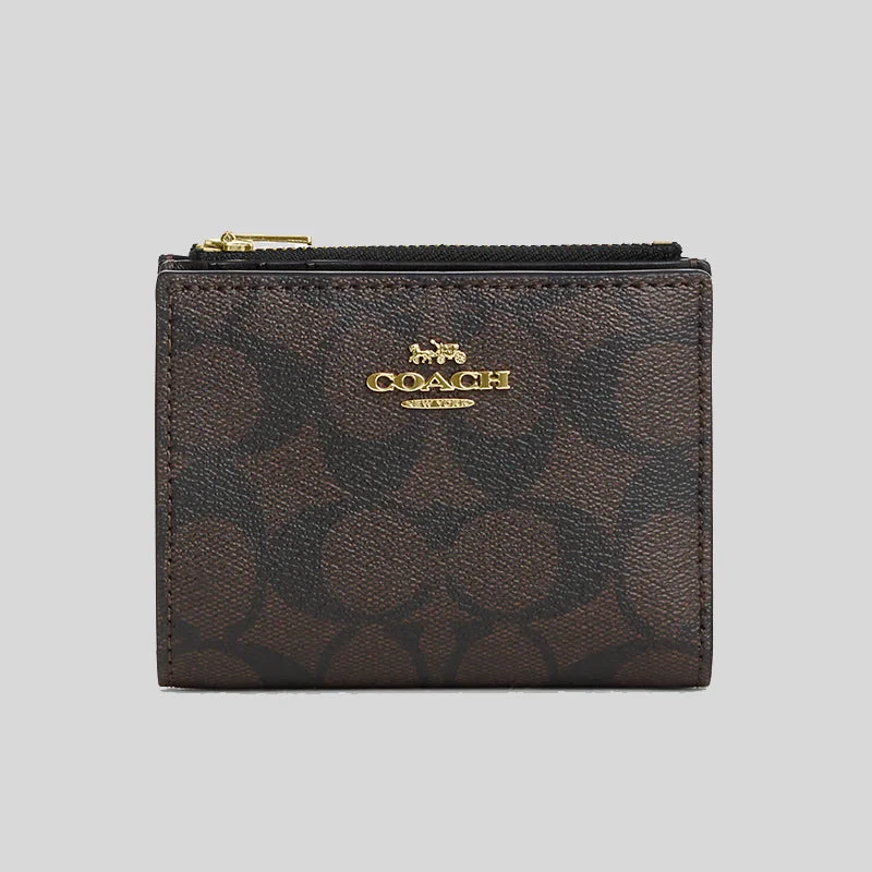 COACH Bifold Wallet In Signature Canvas Brown Black CM852