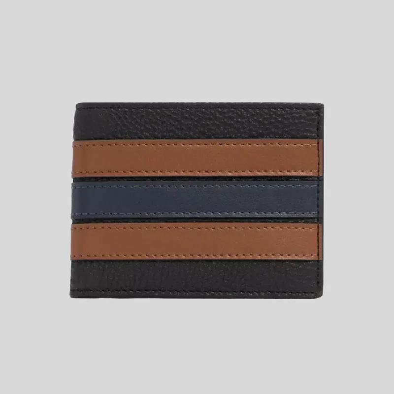 COACH Slim Billfold Wallet With Varsity Stripe Black Saddle 3003