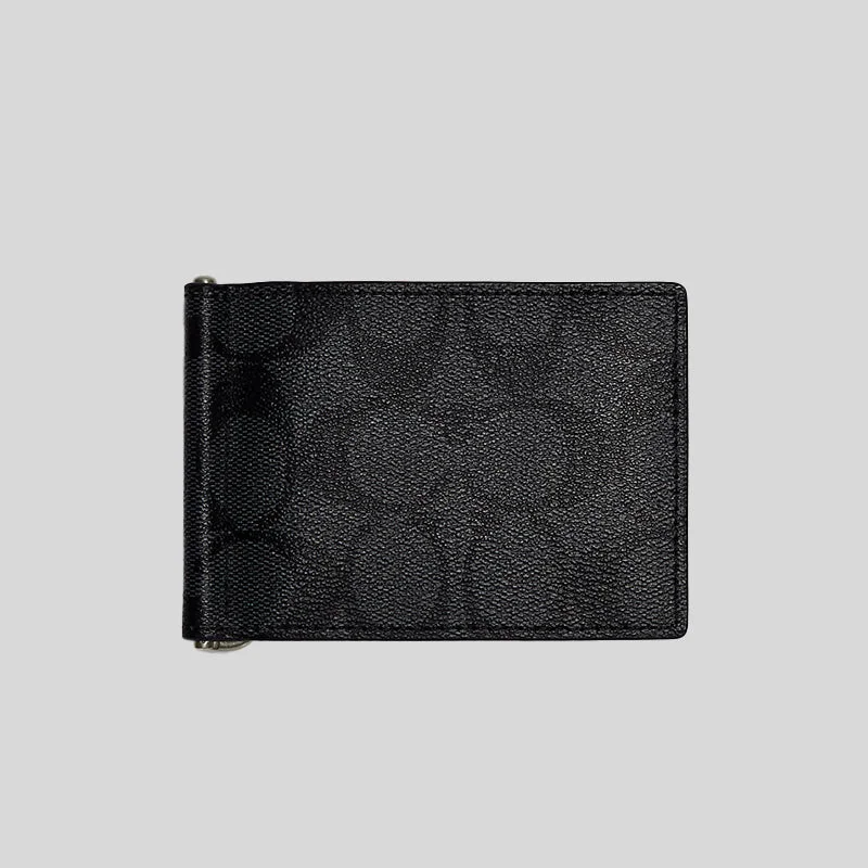 COACH Slim Money Clip Billfold Wallet In Signature Canvas Charcoal Black CH086