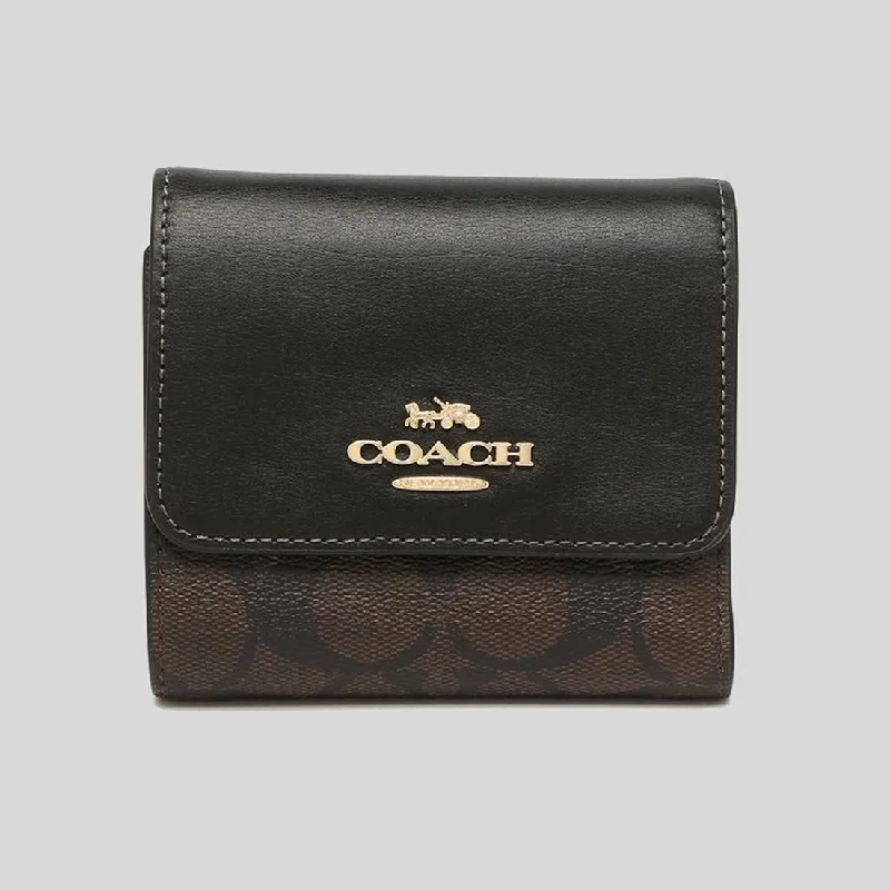 COACH Small Trifold Wallet In Blocked Signature Canvas Brown Black CE930