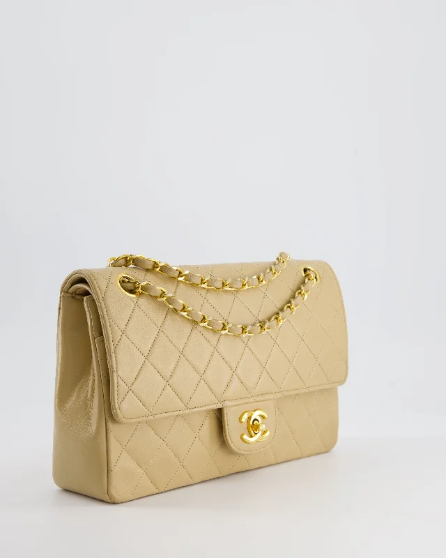 Chanel Beige Vintage Classic Medium Double Flap Bag in Lambskin Leather with 24K Gold Hardware and Stitched Edge