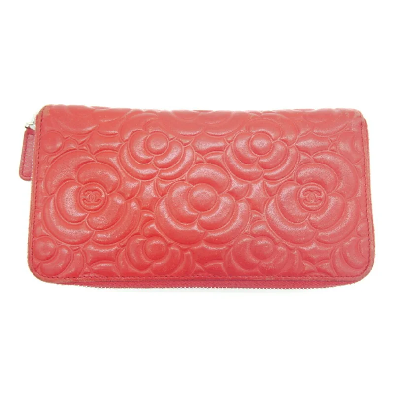 CHANEL camellia embossed round long wallet lambskin red A82281