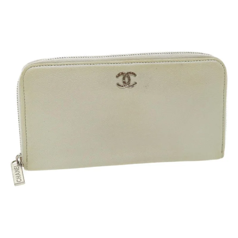 CHANEL Caviar Skin Long Wallet Leather Silver CC  am2797g