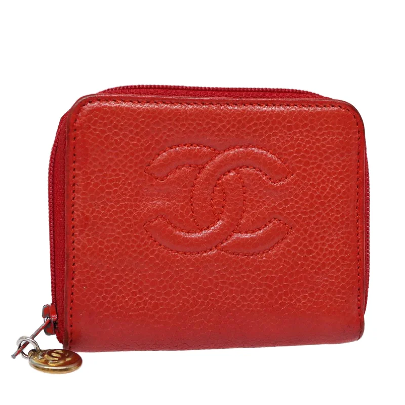 CHANEL COCO Mark Coin Purse Caviar Skin Gold Red CC  88633