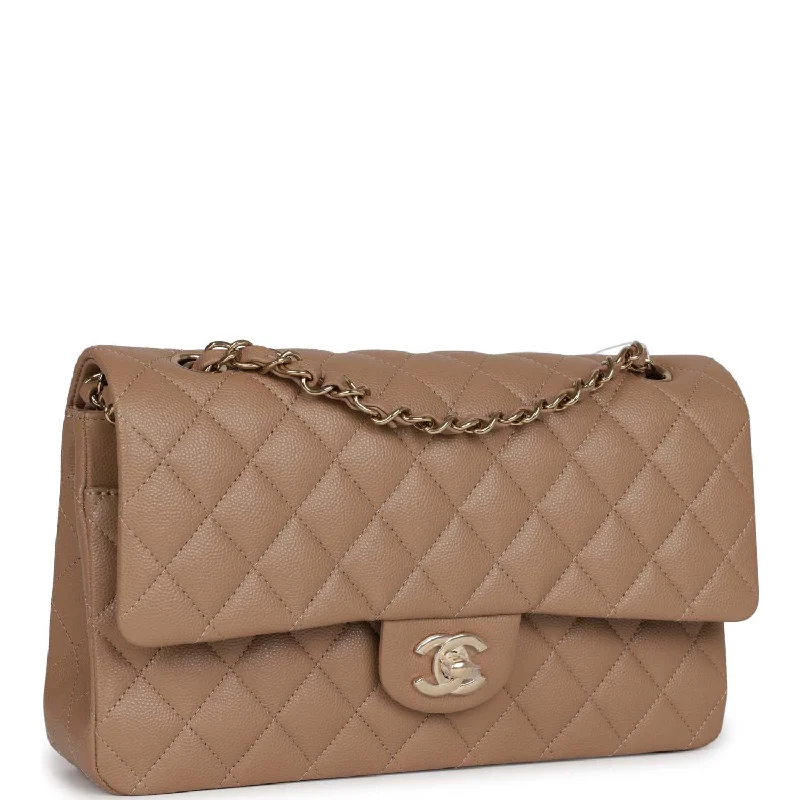 Chanel Medium Classic Double Flap Bag Dark Beige Caviar Light Gold Hardware