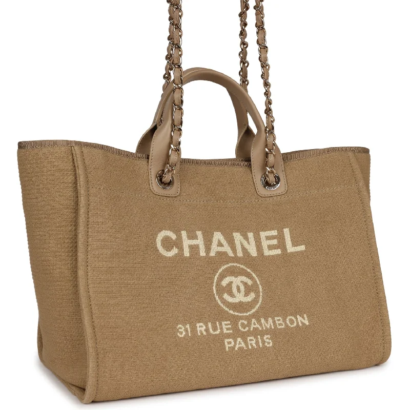 Chanel Large Deauville Shopping Tote Beige Canvas Gold Hardware