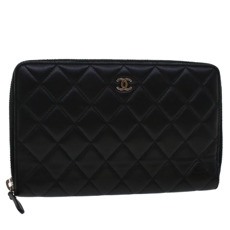 CHANEL Long Wallet Lamb Skin Black CC  am4587