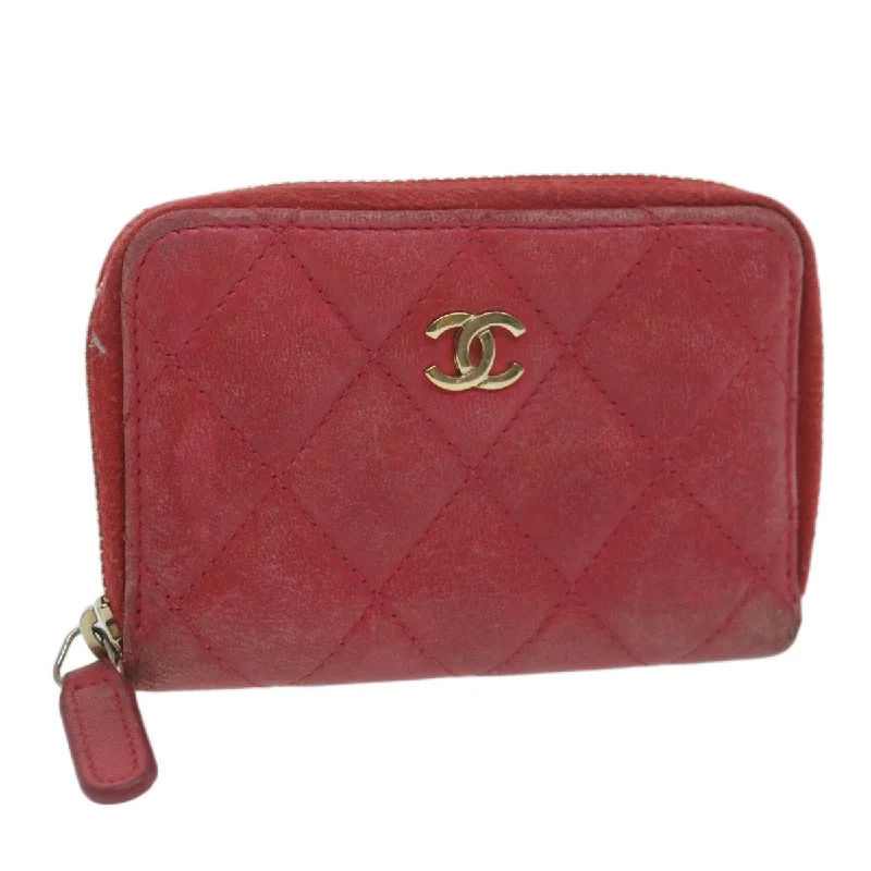 CHANEL Matelasse Coin Purse Lamb Skin Red CC  65239