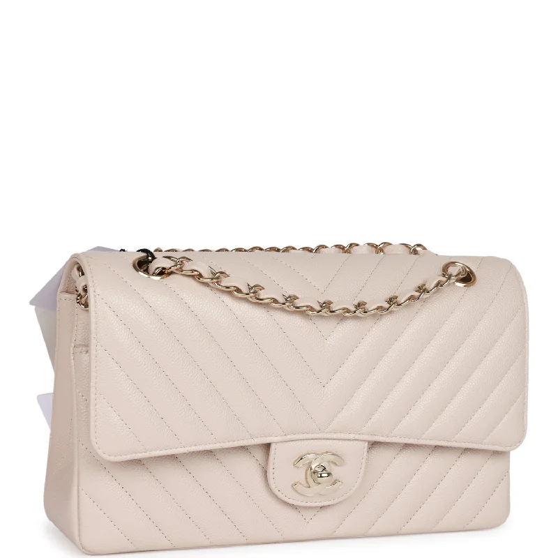 Chanel Medium Classic Double Flap Bag Beige Chevron Caviar Light Gold Hardware