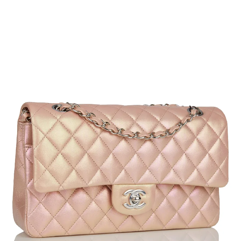 Chanel Medium Classic Double Flap Bag Pink Iridescent Lambskin Silver Hardware