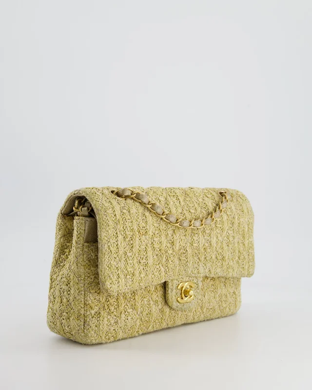 Chanel Beige Raffia Medium Classic Double Flap Bag with Brushed Gold Hardware and Gold Leather Interior