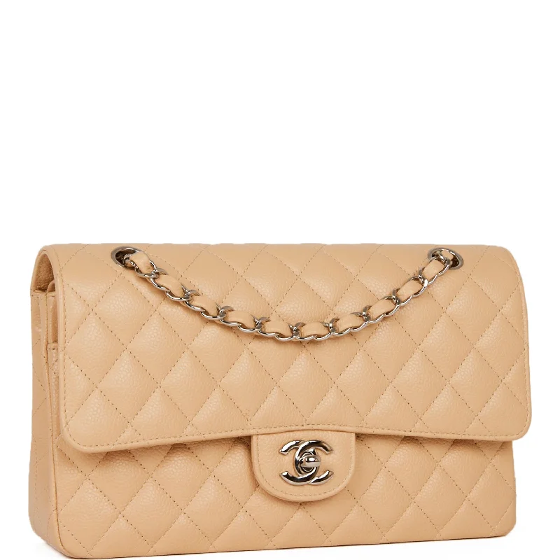 Chanel Medium Classic Double Flap Bag Beige Caviar Silver Hardware