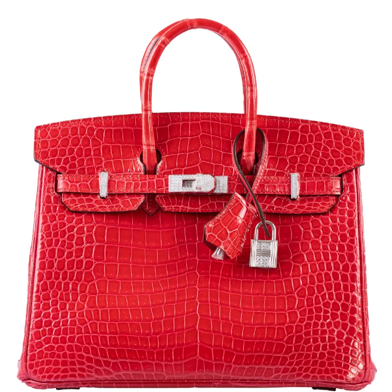 Hermes Birkin 25 Rouge de Coeur Shiny Porosus Crocodile 18K White Gold Hardware & Diamonds - 2020, Y